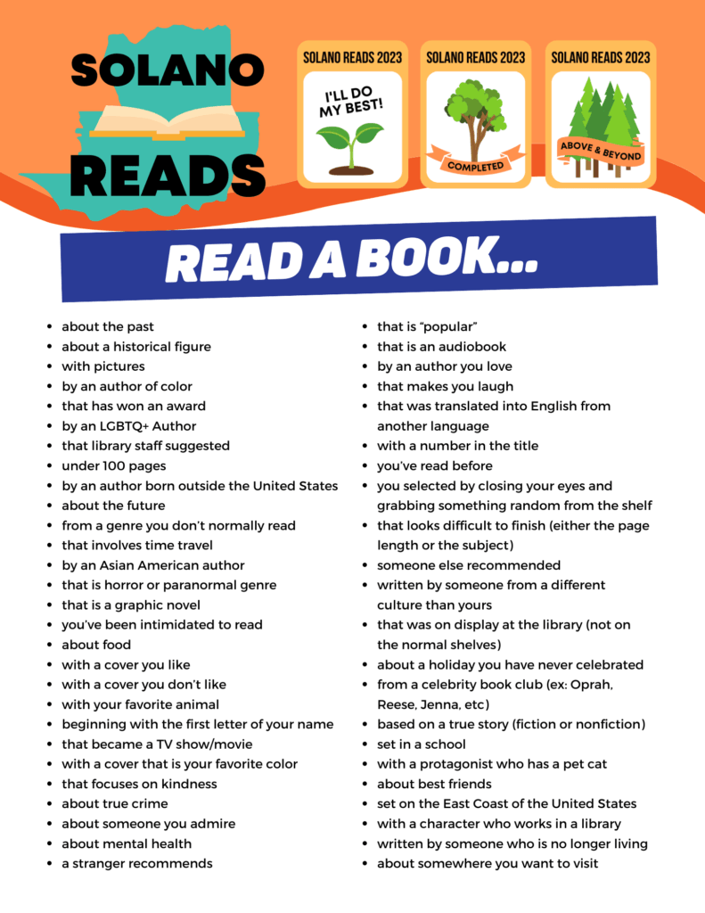 Join our 2023 Solano Reads Year-Long Reading Challenge! Open to all ages!